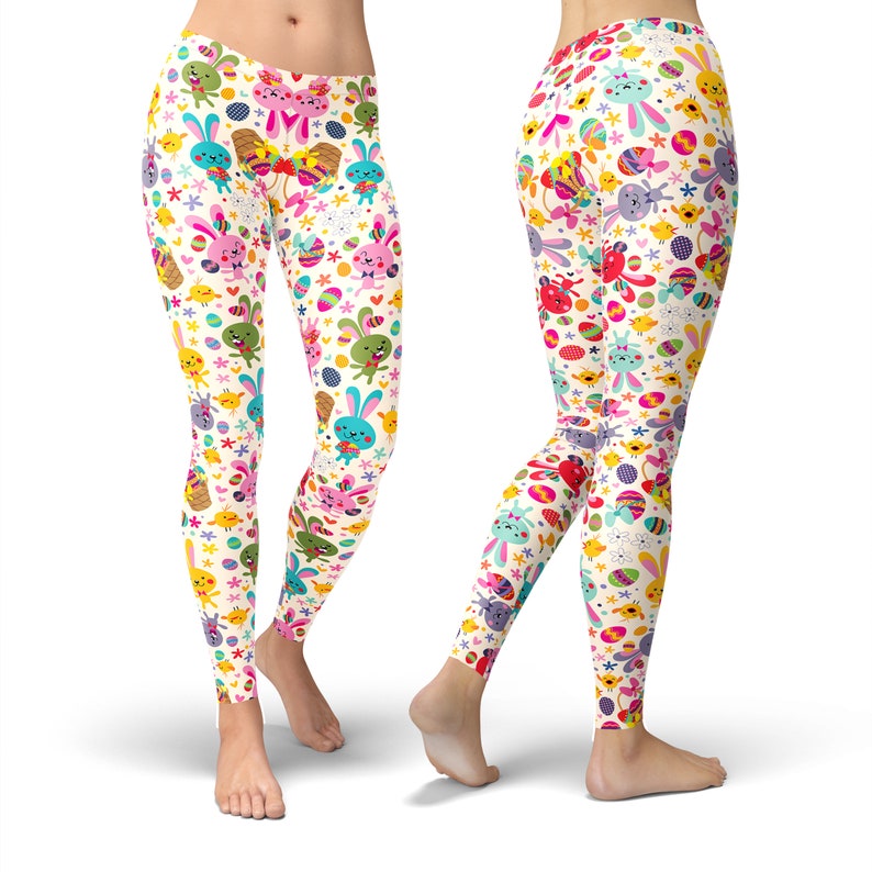 May include: White leggings with a colourful pattern of Easter bunnies, eggs, chicks, and flowers.