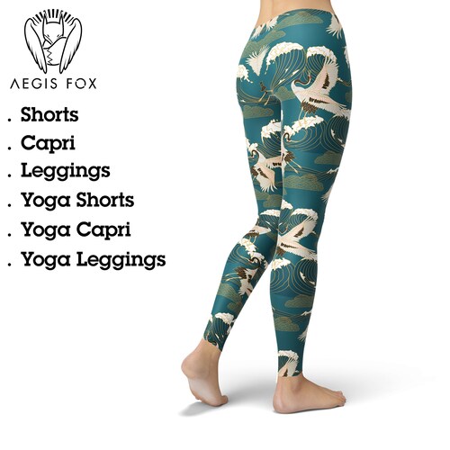 Japanese Crane Bird Leggings for Women, Exercise Yoga Pants, Japanese Art Leggings, Printed Leggings, High Waist Leggings, Capri Leggings