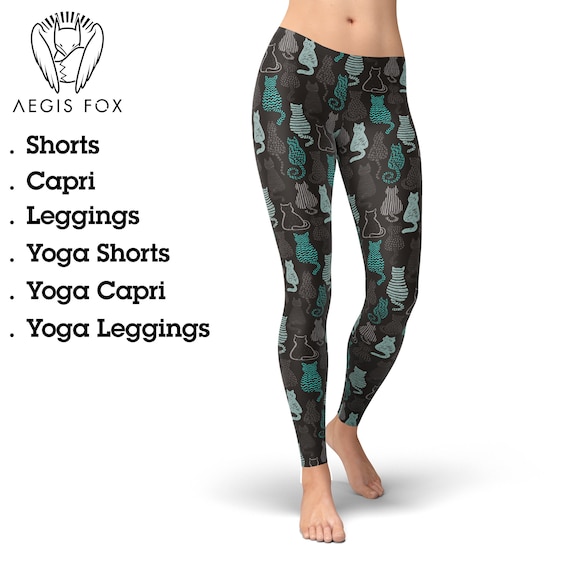 Cat Print Leggings – Teal Grey Kitty Silhouette High Waisted Pattern
