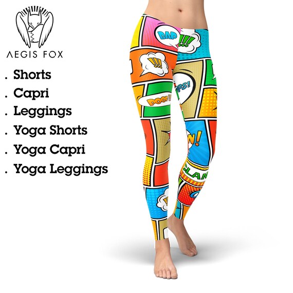 Superhero Cartoon Comic Book Print Leggings, Pop Art Leggings, Comic Strip  Leggings, Comic Book Yoga Pants, Women's Character Leggings 