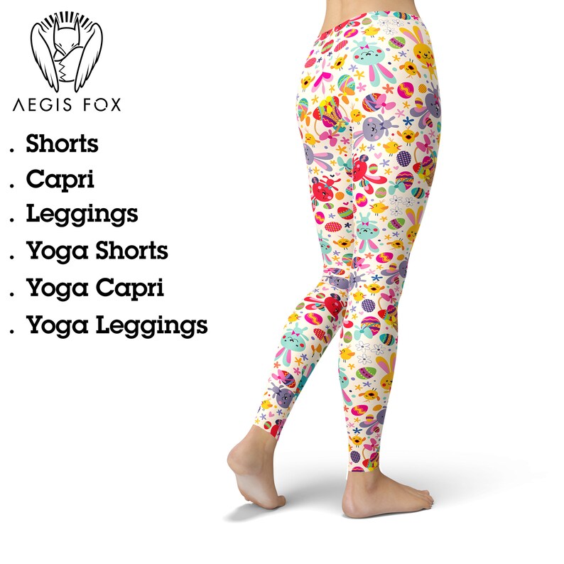 May include: White leggings with a colourful Easter-themed pattern featuring bunnies, eggs, and flowers.