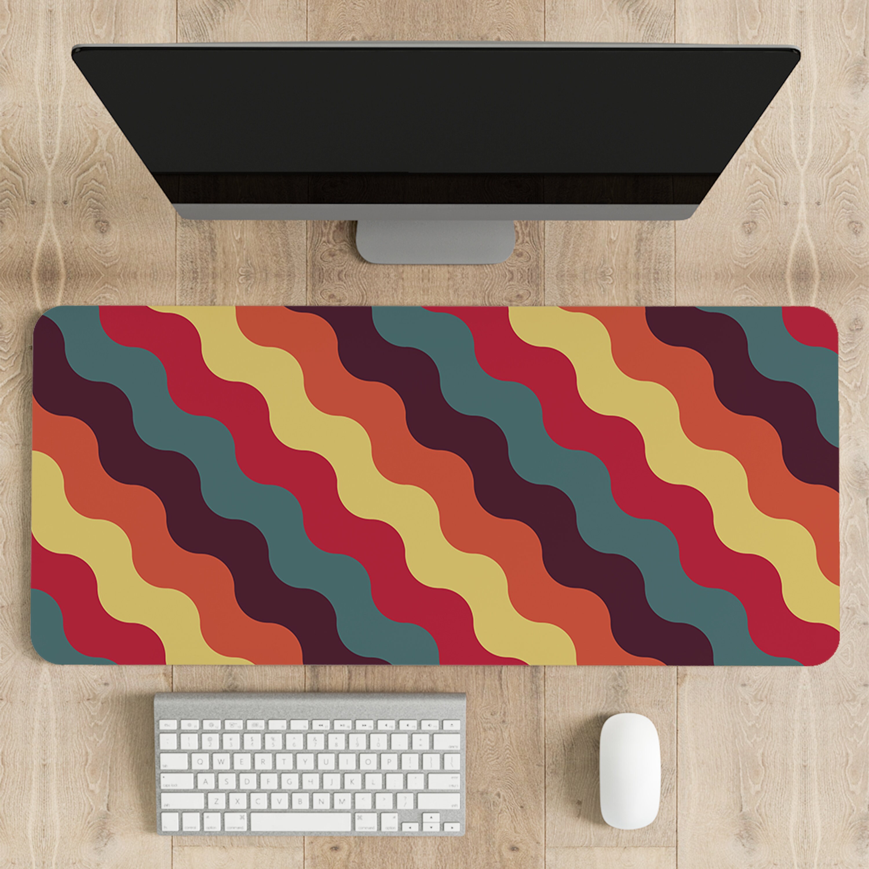 Retro Wavy Desk Mat – Groovy 70s Striped Colorful Neoprene Office Pad ...