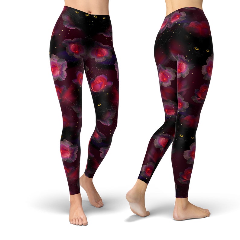 Black Cat Gothic Leggings – Dark Red Rose Floral Print for Women image 6