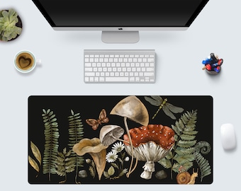 Mushroom Fern Desk Mat – Dark Cottagecore Woodland Botanical Print