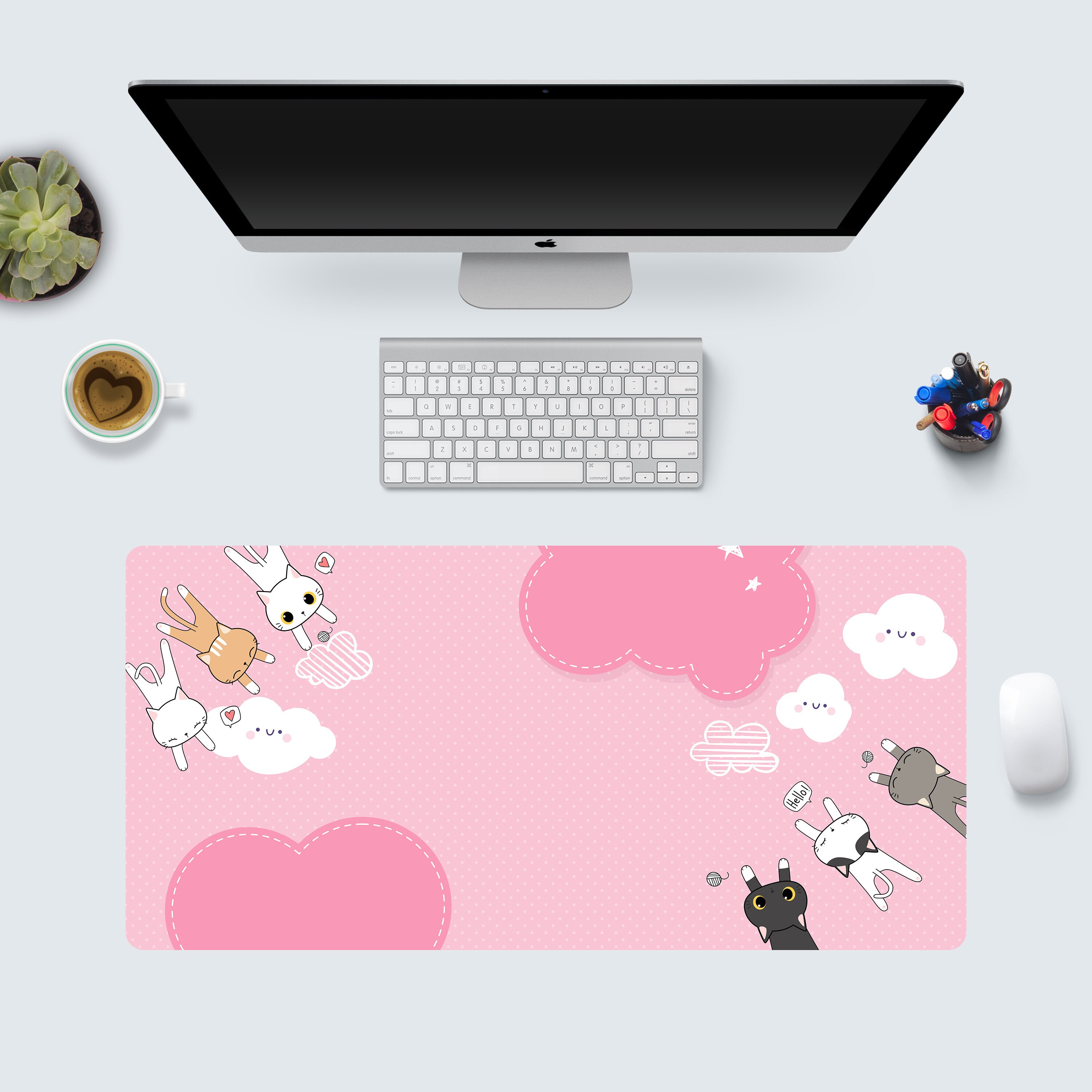 Cute Cat Desk Mat Anime, Kawaii Cute Desk Pad, Pastel Large Gaming Mouse Pad Anime, Pink Girl Desk Pad 10x16 12x18 14x24 18x36 - Aegis Fox