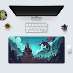 May include: A dark blue and purple dragon flies over a dark castle in a fantasy landscape. The dragon has a long tail and sharp claws. The castle is tall and has many towers. The background is a dark blue sky with clouds. The scene is set in a forest with tall trees.