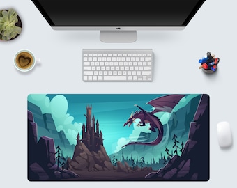 Dragon Desk Mat – DnD Dark Fantasy Castle Design – Gaming Gift for Him