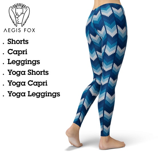 Blue Herringbone Knitted Pattern Leggings for Women, Yoga Pants