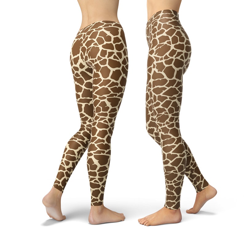 May include: A pair of brown and beige leggings with a giraffe print pattern.