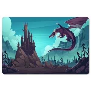 May include: A purple dragon flies over a dark, gothic castle on a rocky mountain. The sky is blue with white clouds. The dragon has sharp claws and teeth.