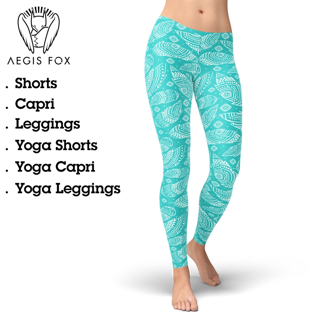 Turquoise White Feathers Leggings, Boho Leggings, Tribal Leggings, Yoga