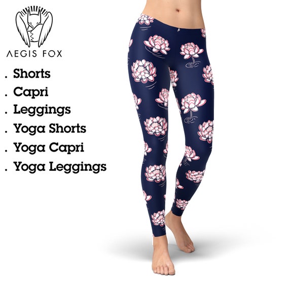 Pink Lotus Yoga Pants, Pink Lotus on Dark Blue Leggings, Lotus Leggings,  Floral Leggings, Women Yoga Pants, Yoga Shorts, Capri Leggings 