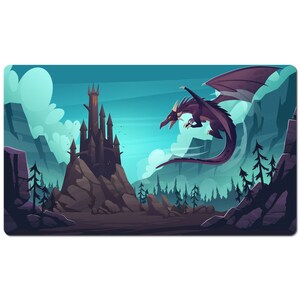 May include: A purple dragon flies over a dark castle with a rocky mountain backdrop. The dragon has a long tail and sharp claws. The castle has tall towers and a pointed roof. The sky is blue with white clouds.