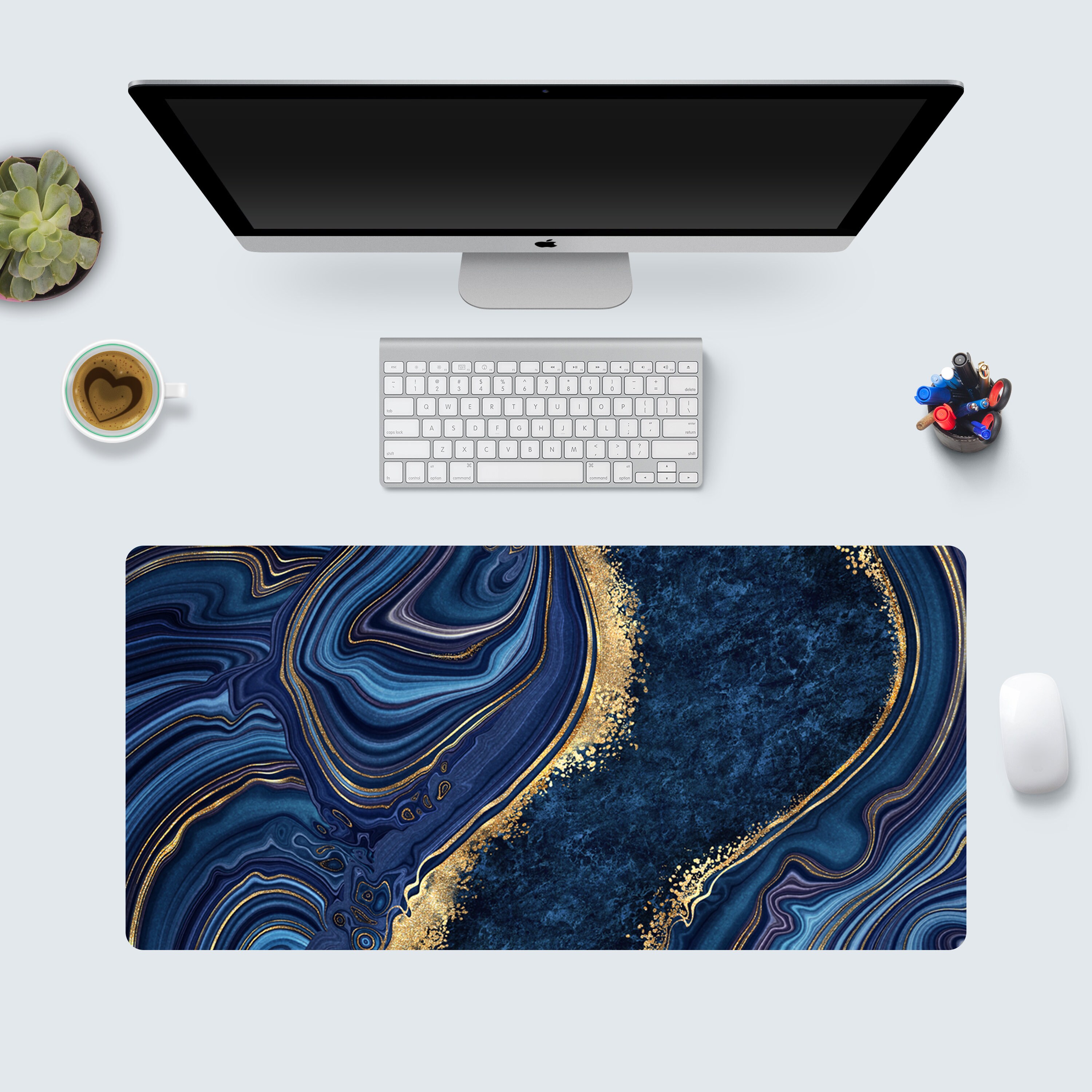 Tappetino Per Mouse Extra Large Effetto Marmo Oro/blu, 80x30 Cm, Spesso 3 Mm. Base Antiscivolo In Gomma, Bordi Cuciti, Superficie Impermeabile E Lavabile. Per Scrivania Da Gaming O Ufficio.