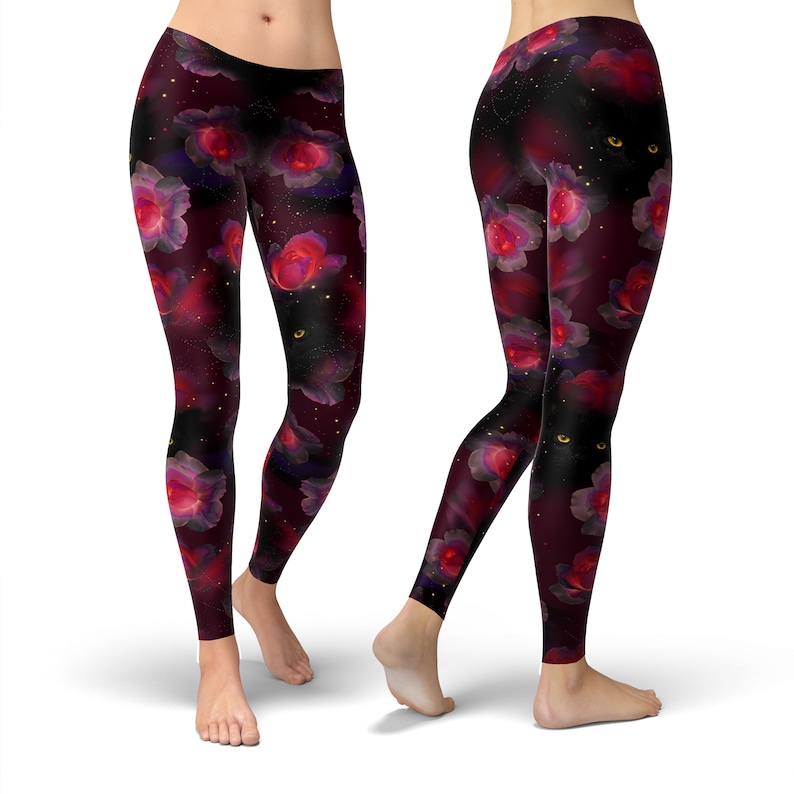 Black Cat Gothic Leggings – Dark Red Rose Floral Print for Women image 5