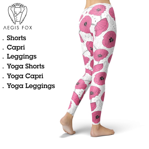 Pink Poppies Flower Yoga Leggings for Women, Flower Yoga Pants