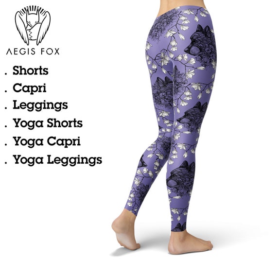 Wolf Floral Leggings – Purple Woodland Boho Print for Women
