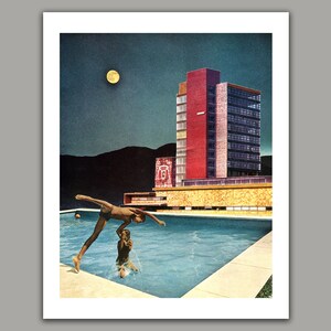 Night Swim Surreal Collage Art Print: Retro Wall Decor