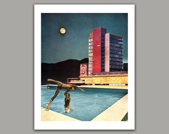 Night Swim Surreal Collage Art Print: Retro Wall Decor