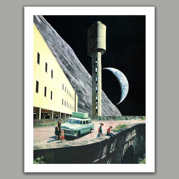 On the Edge - Surreal collage art print, 12x16 print, retro art, space art