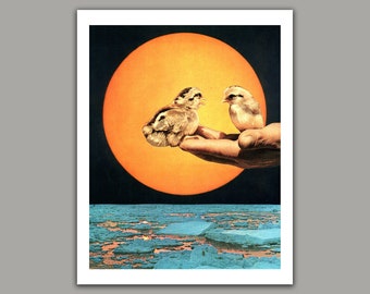 Surreal Collage Art Print, Birds and Sun, 8x10 print, 11x14 print, 12x16 print, wall art, retro, vintage art, art print