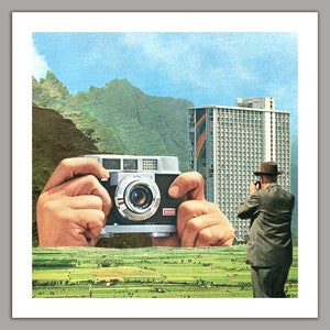 The Tourist - Surreal Collage Art Print, wall art, retro art, 8x8 print, 12x12 print, Hawaii, Camera, vintage art