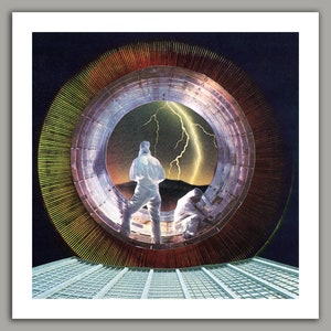 May include: Two figures in white protective suits stand in a circular doorway, looking out at a stormy sky with lightning bolts. The doorway is surrounded by a ring of metal and a pattern of yellow and red lines.
