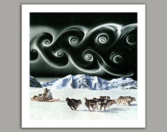 Arctic Spirals - Surreal Collage Art Print, wall art, retro art, 8x8 print, 12x12 print, Arctic, Snow, Dogs, Dogsled, vintage art