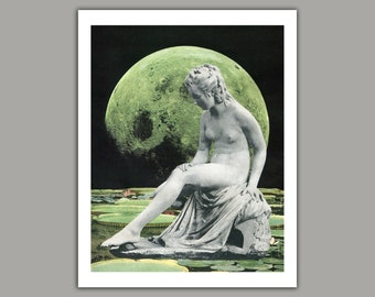 Tranquil Pause - Surreal Collage Art Print, wall art, retro art, vintage art, moon, 8x10 print, 11x14 print, 12x16 print