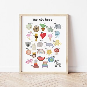 Alfabeto ilustrado imprimible, A4 + 8x10", letras impresas, guardería en casa imprimible, póster para niños Descarga instantánea, Sala de juegos para niños