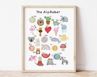 Illustrated Alphabet printable, A4 + 8x10", letters print, homeschool nursery printable, Kids poster Instant Download, Childrens playroom