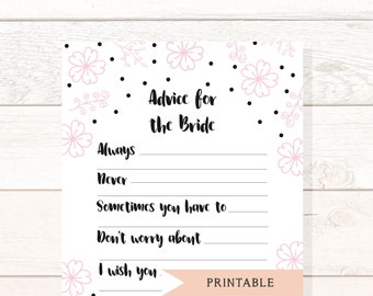 Advice for the Bride Bridal Shower Printable Game, Hen do, Bride to Be Game, Bachelorette party, Wedding, Instant Download, Pink Floral