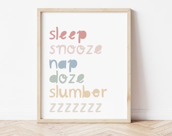 Sleep Snooze A4 + 8x10" printable, nursery printable, Kids poster, Instant Download print, Childrens art, pastel print, playroom poster