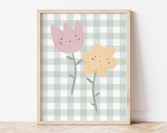 Happy Flowers - Green Gingham printable, nursery printable, Kids room poster, Instant Download print, Childrens wall art, pastel print