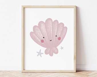 Happy Shell printable, mermaid poster, Instant Download, kid's bedroom print, Children's art, ocean theme poster, pink nursery wall art