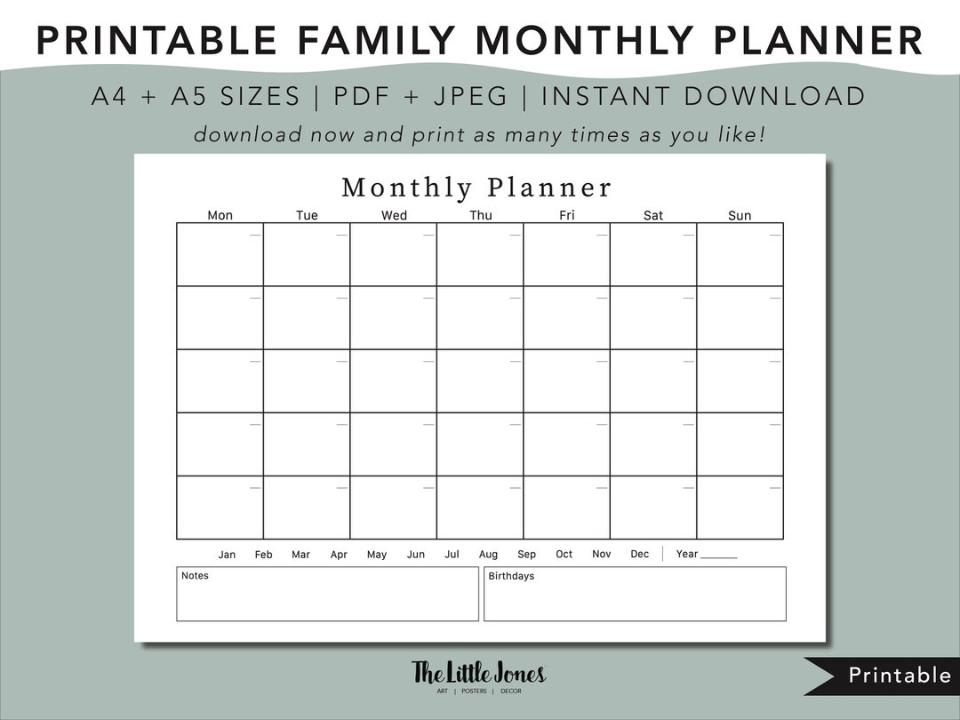 Family Monthly Planner Printable, Instant Download, Family Organiser