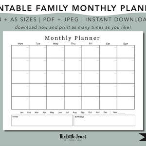 Family Monthly Planner Printable, Instant Download, Family Organiser ...