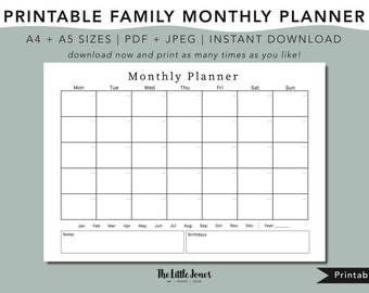 Family Monthly planner printable, Instant Download, family organiser, printable reusable calendar, perpetual monthly activity wall planner
