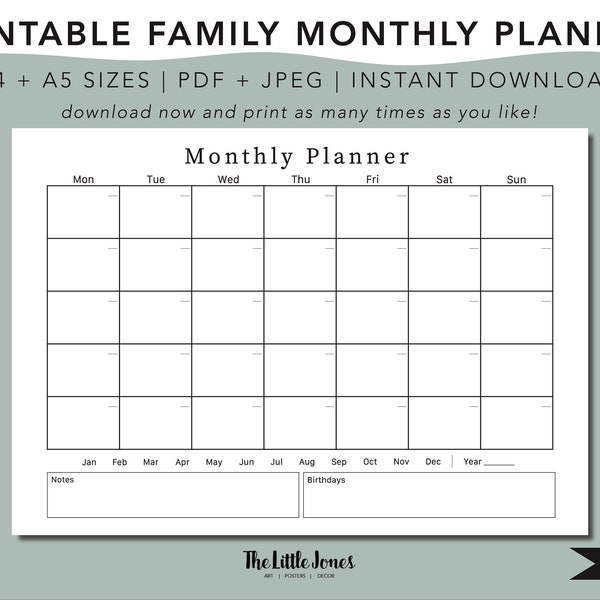 Family Monthly planner printable, Instant Download, family organiser, printable reusable calendar, perpetual monthly activity wall planner