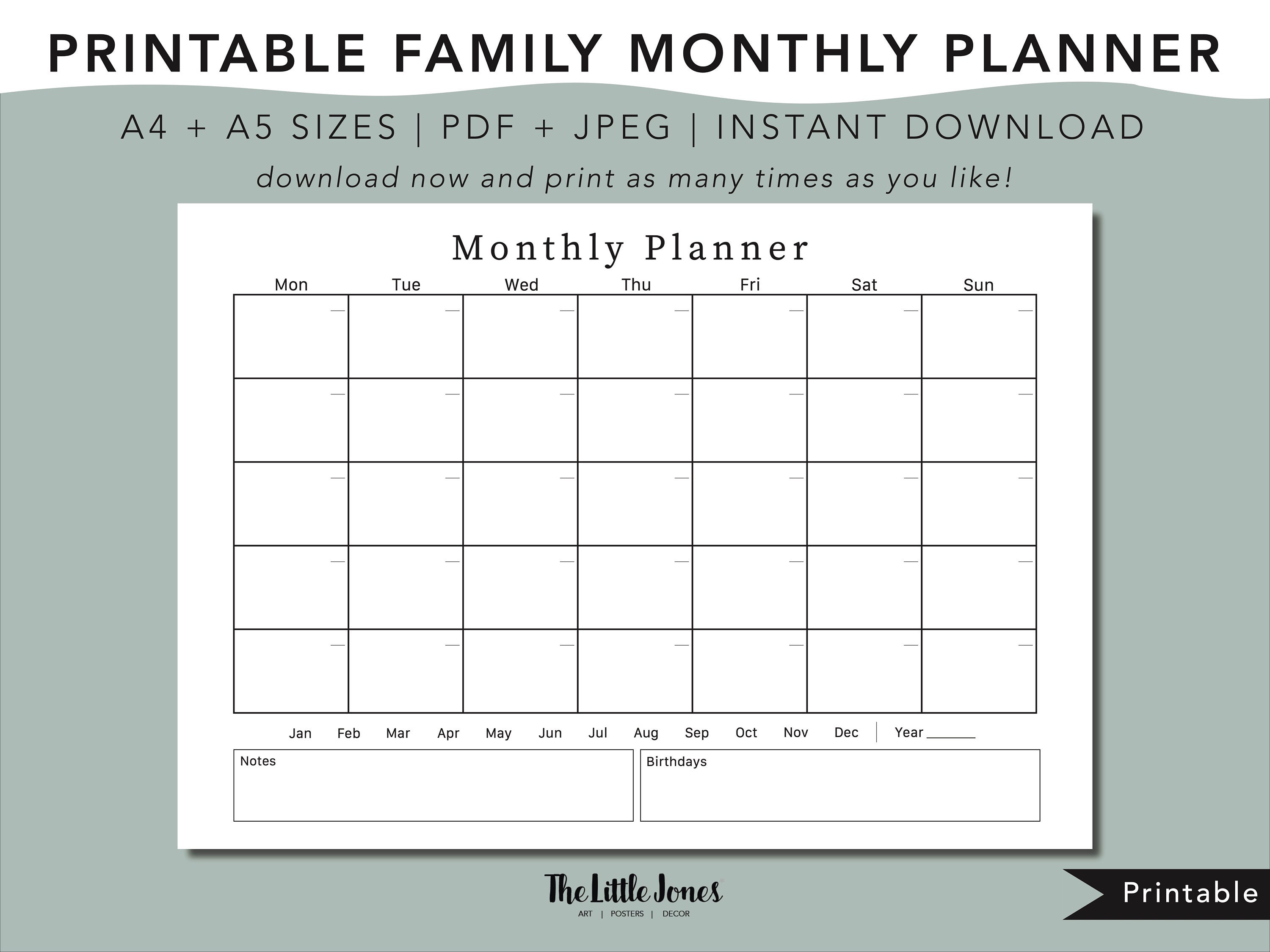 Family Monthly Planner Printable, Instant Download, Family Organiser ...