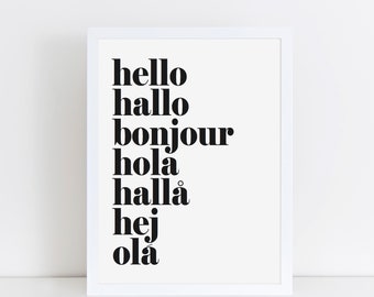 Hello Hallo printable, Languages printable, Playroom print, Scandi style art, Monochrome poster, Typography printable, Housewarming gift