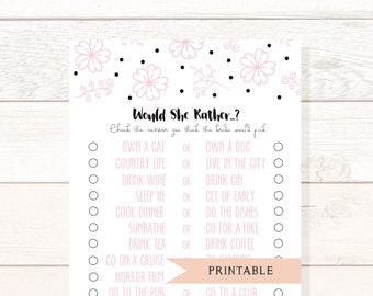 Would She Rather Bridal Shower Printable Game, Hen do, Bride to Be Game, Bachelorette party, Wedding, Instant Download, Pink Floral