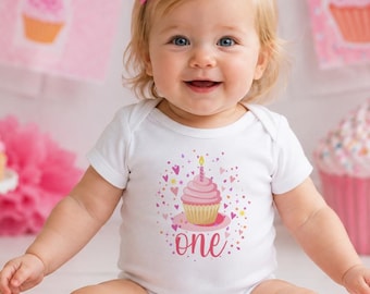 First Birthday Onesie®: Watercolor Cupcake, Cupcake "One" Design