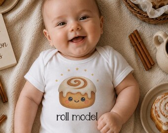 Funny Cinnamon Roll Baby Onesie: "Roll Model" Food Theme Bodysuit