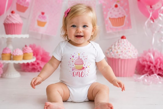 First Birthday Onesie®: Watercolor Cupcake, Cupcake "One" Design