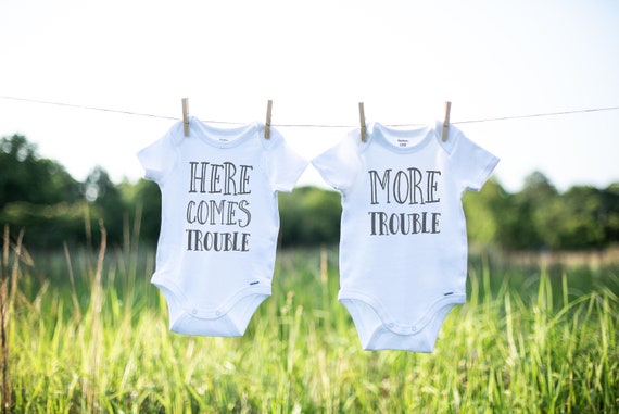 Here Comes Trouble Twin Onesies®, Baby Boy Twin Onesies®, Twin Boy Clothes, Twin Baby Shower Gift, Funny Twin Onesies®, Funny Twin Gift
