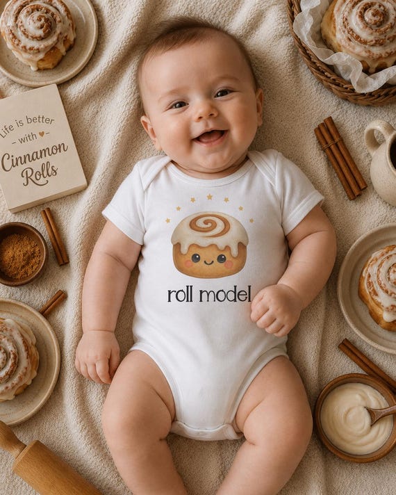 Funny Cinnamon Roll Baby Onesie: "Roll Model" Food Theme Bodysuit