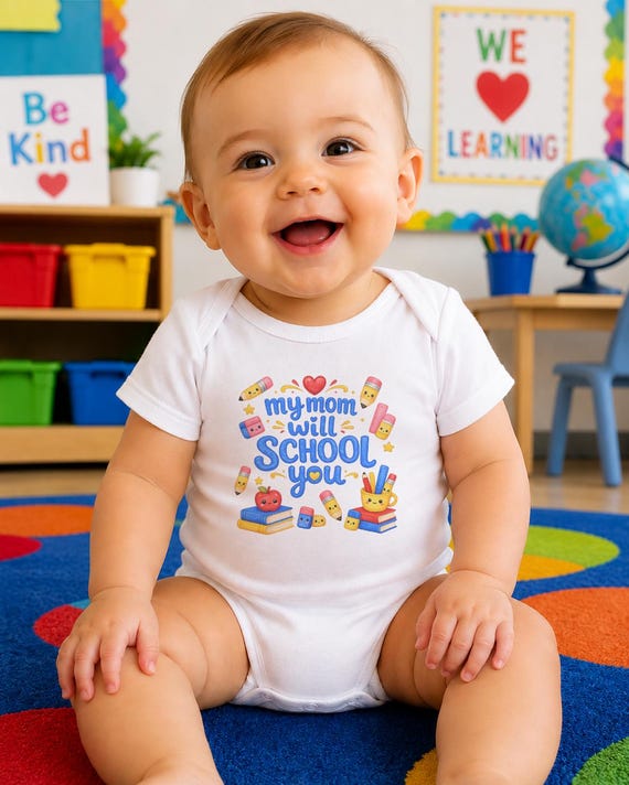 My Mom Will School You Onesie®, Teacher Mom Baby Bodysuit, Funny Teacher Baby Outfit, Teacher Baby Shower Gift, New Mom Gift