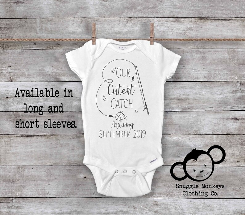 Pregnancy Announcement Onesie Pregnancy Reveal to Grandparent Fishing Buddy Our Greatest Catch Onesie\u00ae Fishing Buddy Coming Soon Onesie