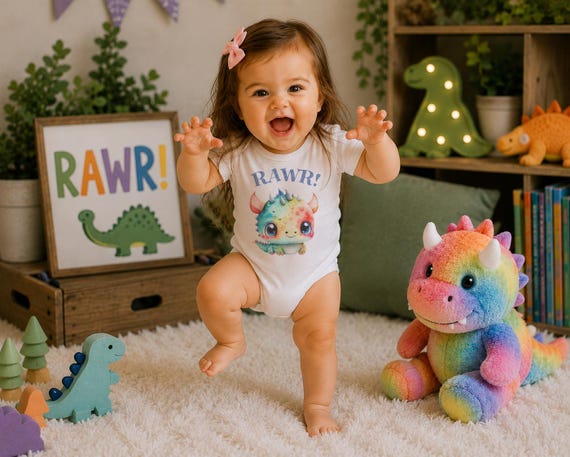 RAWR! Dragon Baby Onesie, Watercolor Print, Baby Shower Gift